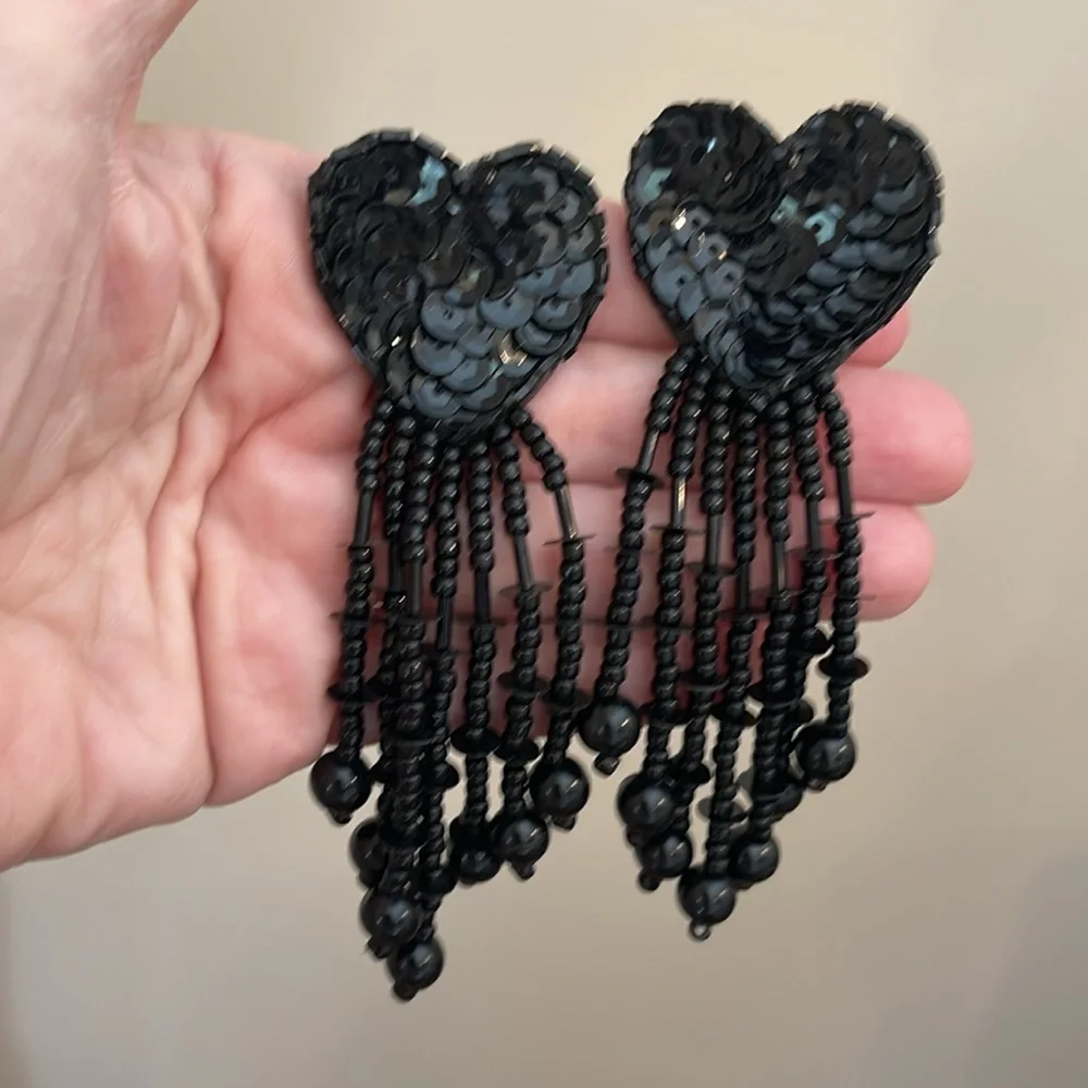 Vintage 80’s Black Sequin & Beaded Heart Clip Earrings